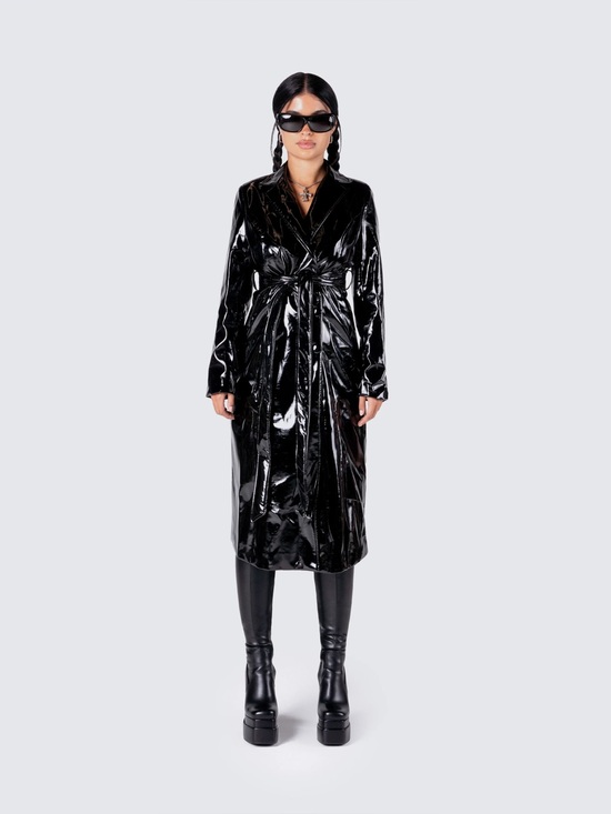 Finesse Jackets & Blazers - Black VEGAN LEATHER Trench Coat - Women's Stylish Long Coat Size L